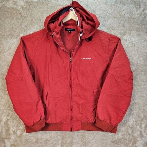 Tommy Hilfiger Jacket Red Hooded Full Zip Bomber Pockets Long Sleeve Mens Size L - Picture 1 of 10